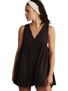 Daily Practice Anthropologie Bubble Hem Mini Dress Relaxed Black Cotton XL NWT